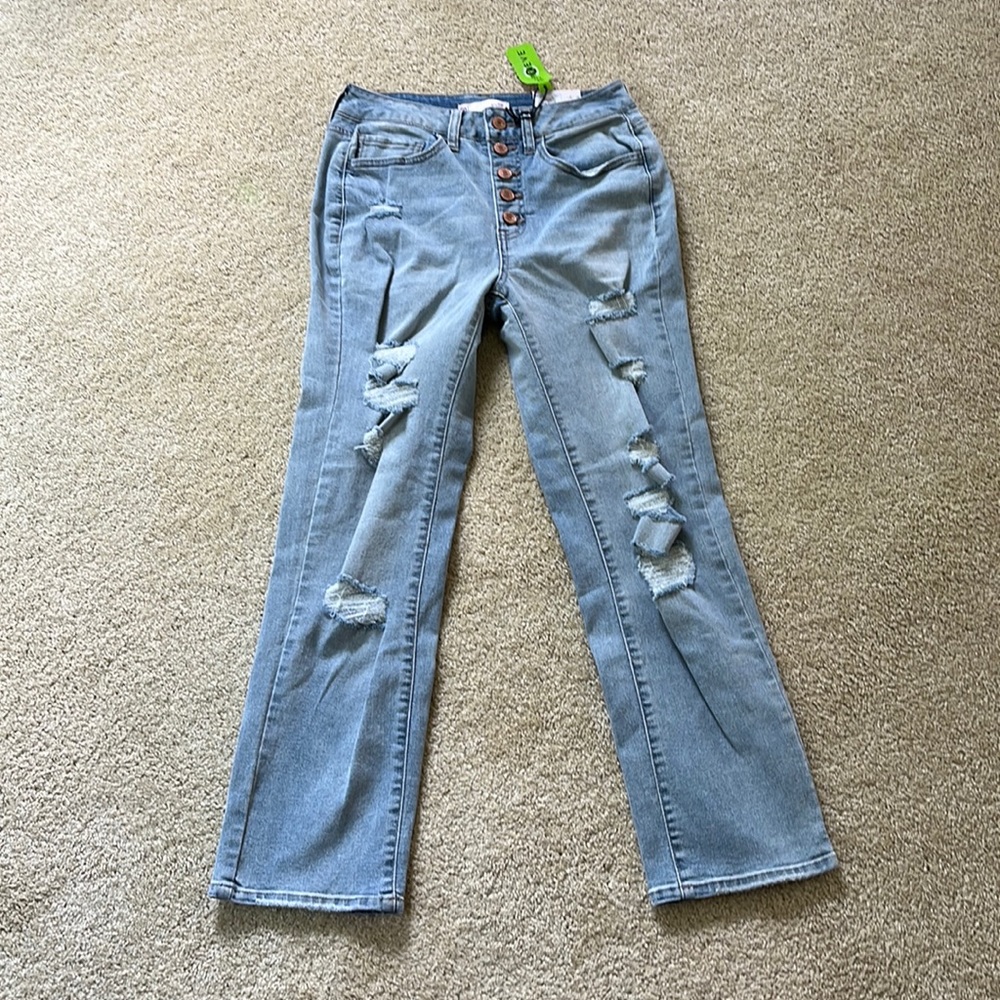 NWT SO Straight High-Rise distressed light wash jeans size 7 button fly